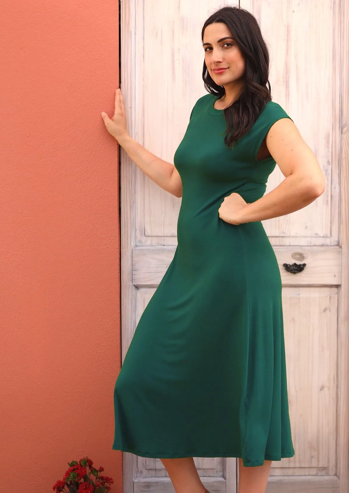 A-line Stretch Rayon Dress Jade Green