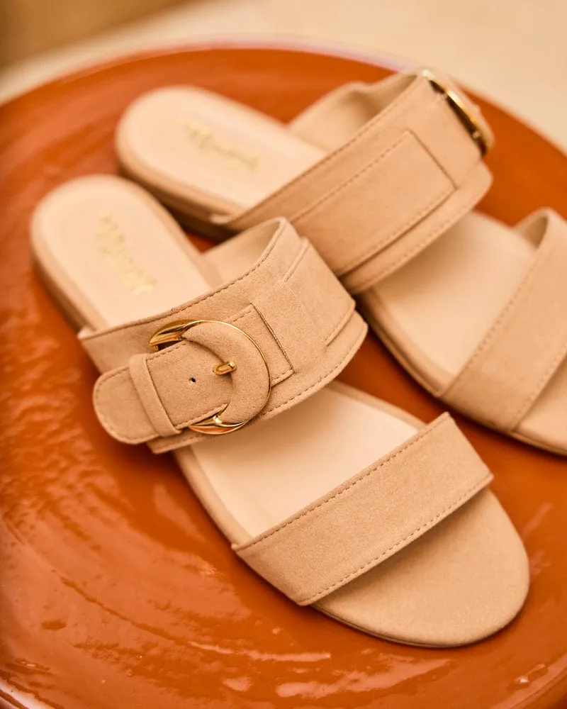 Baracci Vegan Suede Moon Buckle Sandals | Latte