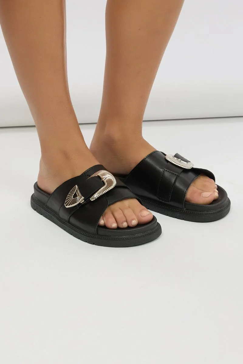 Black Buckled Detail Flat Sandals Slippers