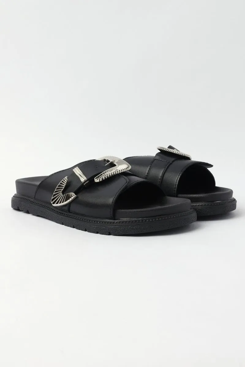 Black Buckled Detail Flat Sandals Slippers