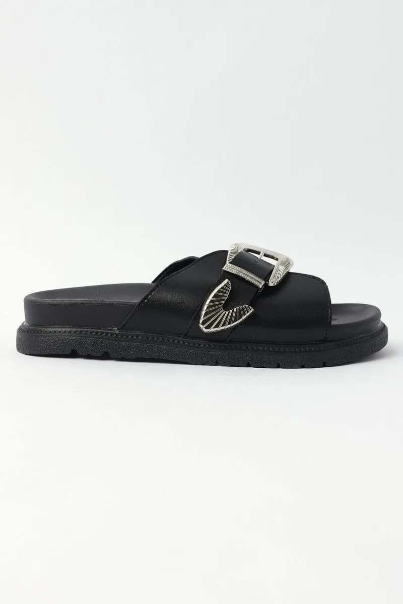 Black Buckled Detail Flat Sandals Slippers