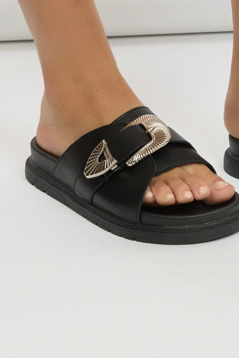 Black Buckled Detail Flat Sandals Slippers