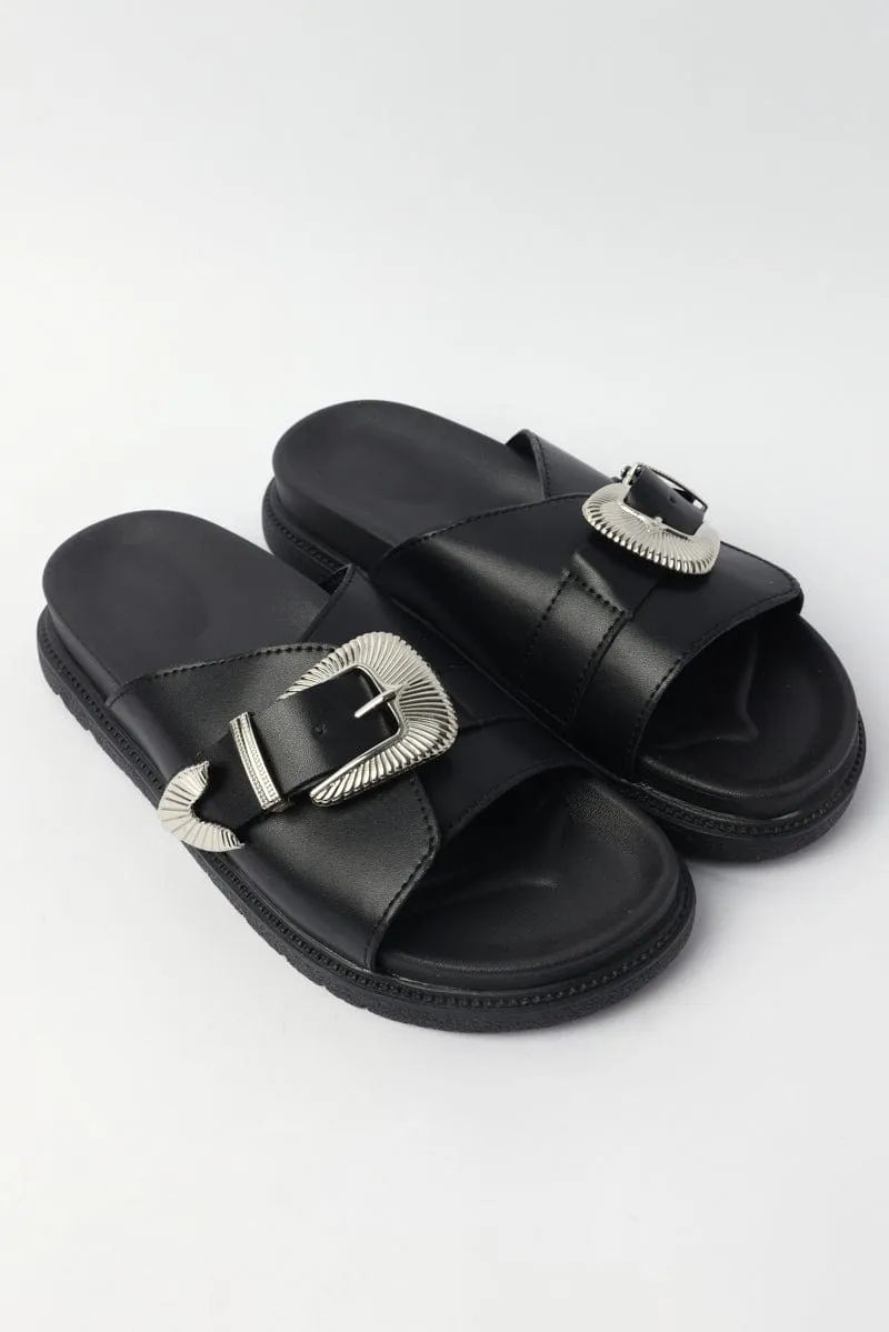Black Buckled Detail Flat Sandals Slippers