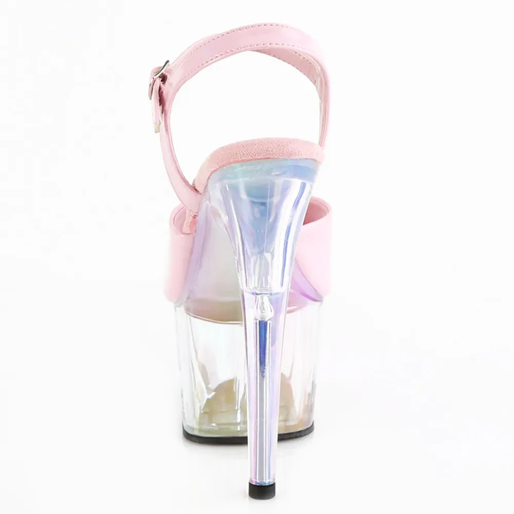 Pleaser Adore 709HT Raven Stiletto Platform Sandals - Pink Holo/Clear