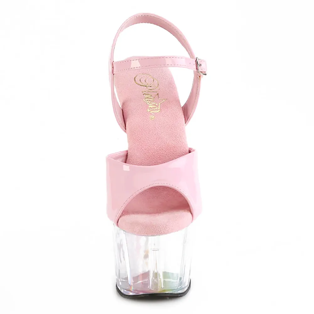 Pleaser Adore 709HT Raven Stiletto Platform Sandals - Pink Holo/Clear