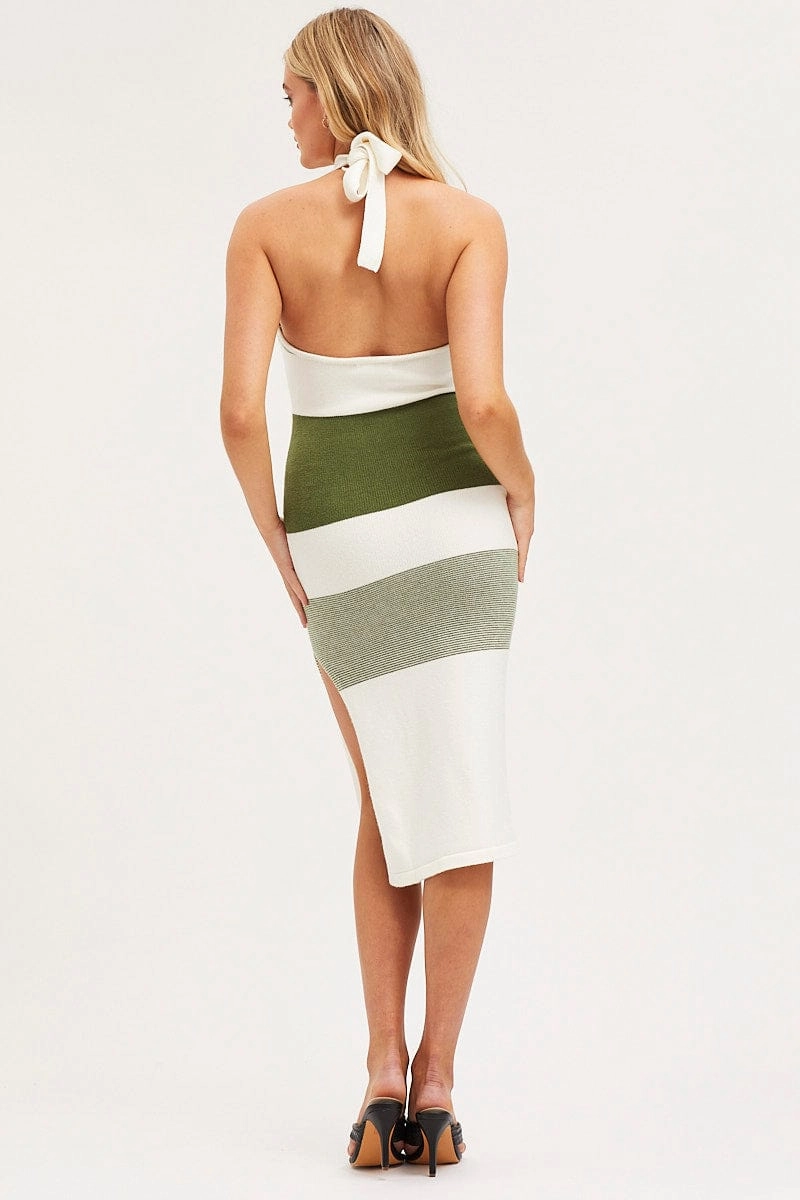 Stripe Midi Dress Evening Halter Neck Knit
