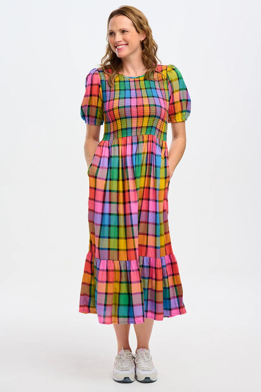Sugarhill Yolanda Midi Shirred Dress Summer Rainbow Check Multi