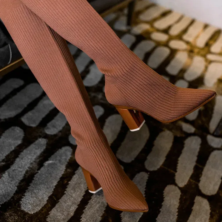 The Knee High Boot Walnut Knit   Block Heel Kit 3 Walnut - FINAL SALE
