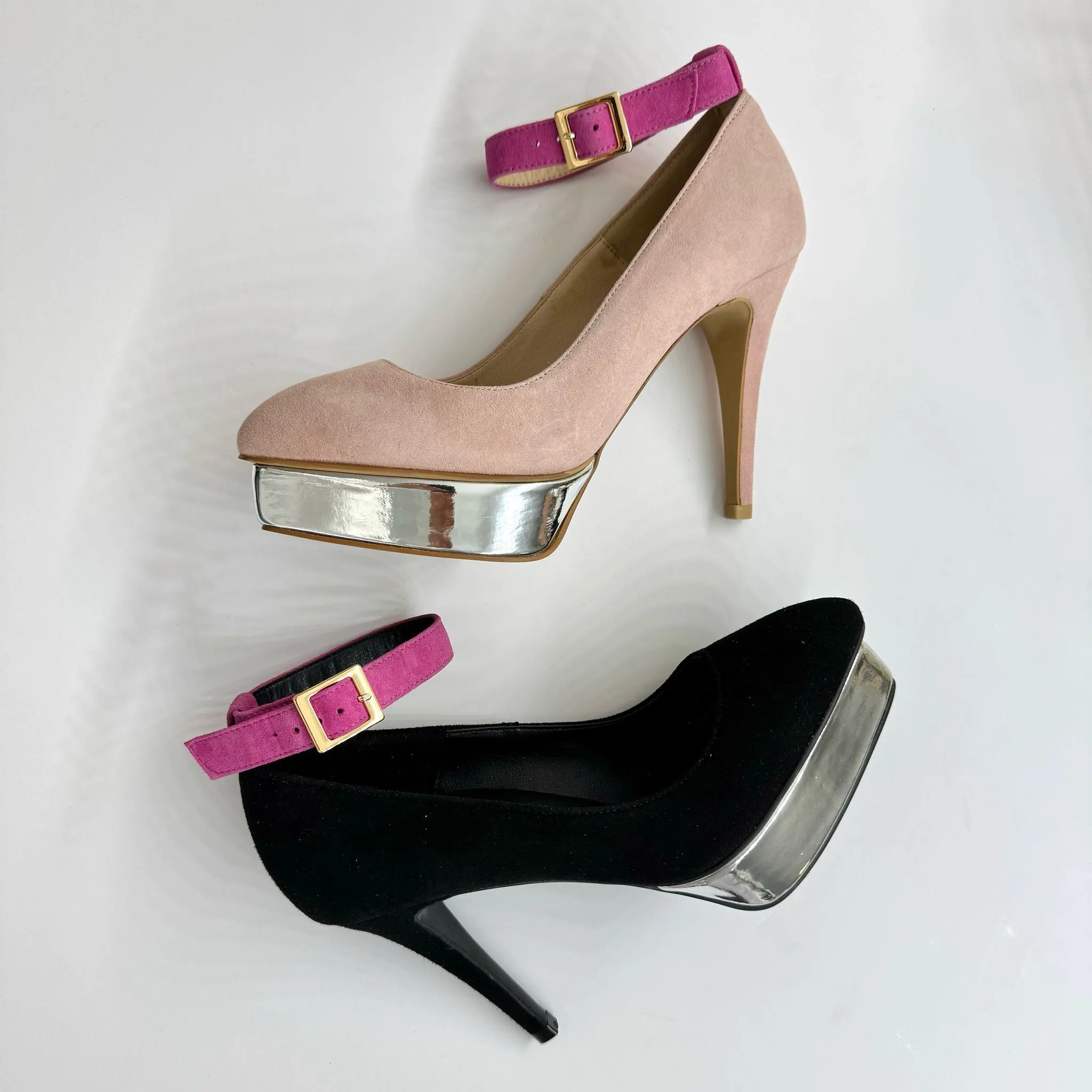 *UK size 2 - LUXX - platform heels (custom BLACK version -silver base - strap hot pink) 10/2cm heels